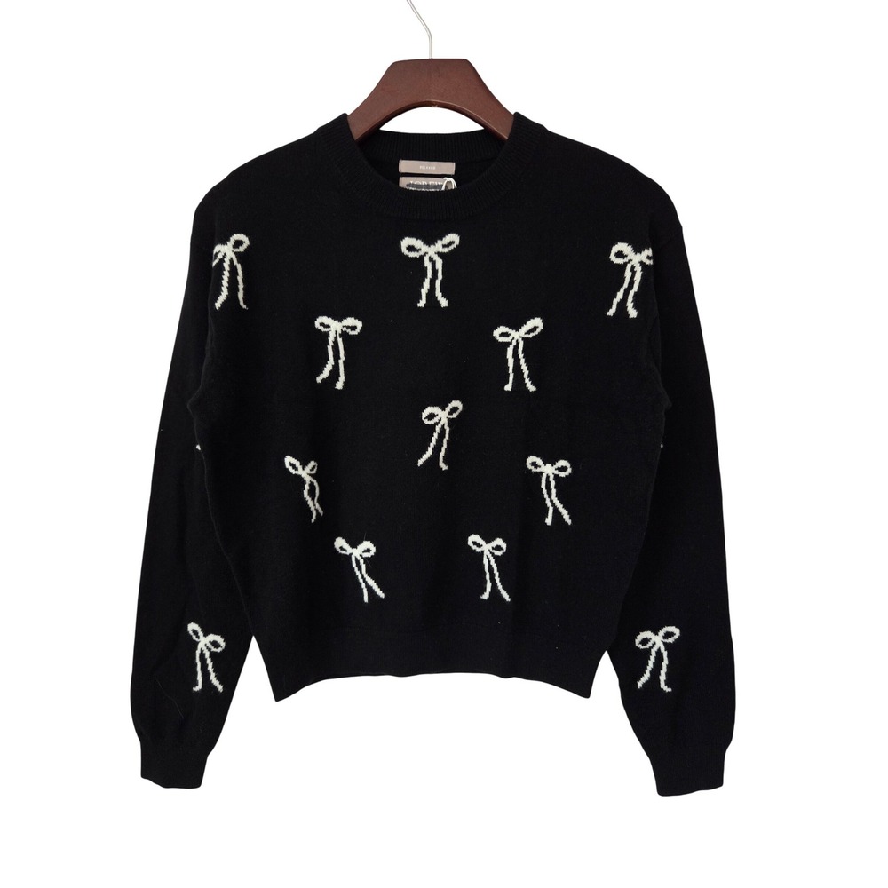 J. Crew Perfect Cashmere Crewneck Sweater Bow Print XXS Black White NWT $188 - Picture 1 of 8